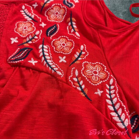 Kelly Renee Bohemian Red Embroidered Tie Cold Shoulder Peasant Tunic Blouse 3X - Picture 7 of 15